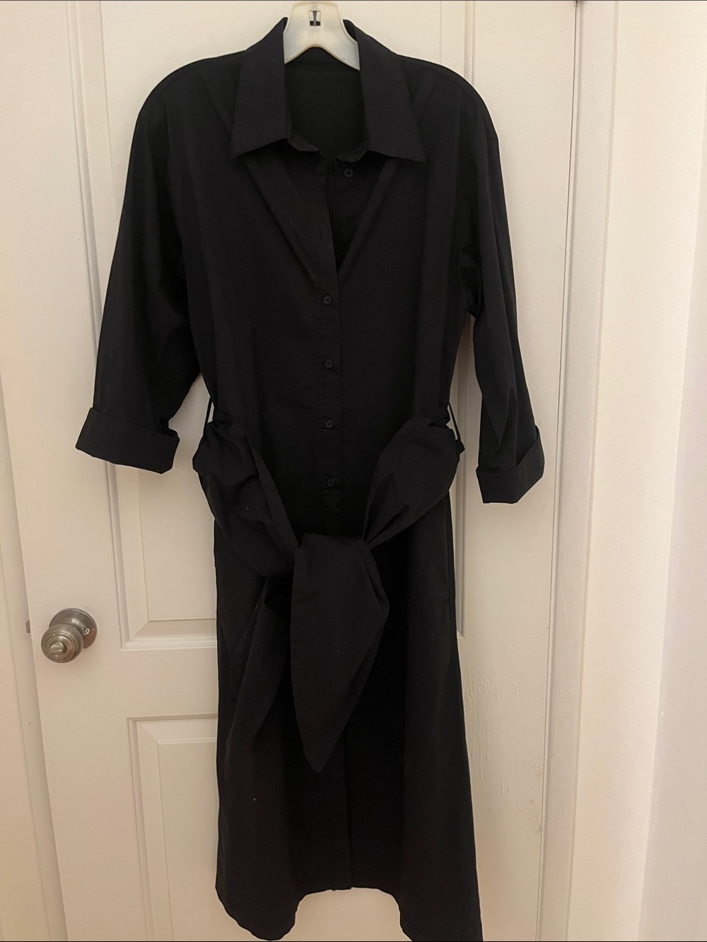 Black Long-Sleeve Shirt Dress with Waist Tie